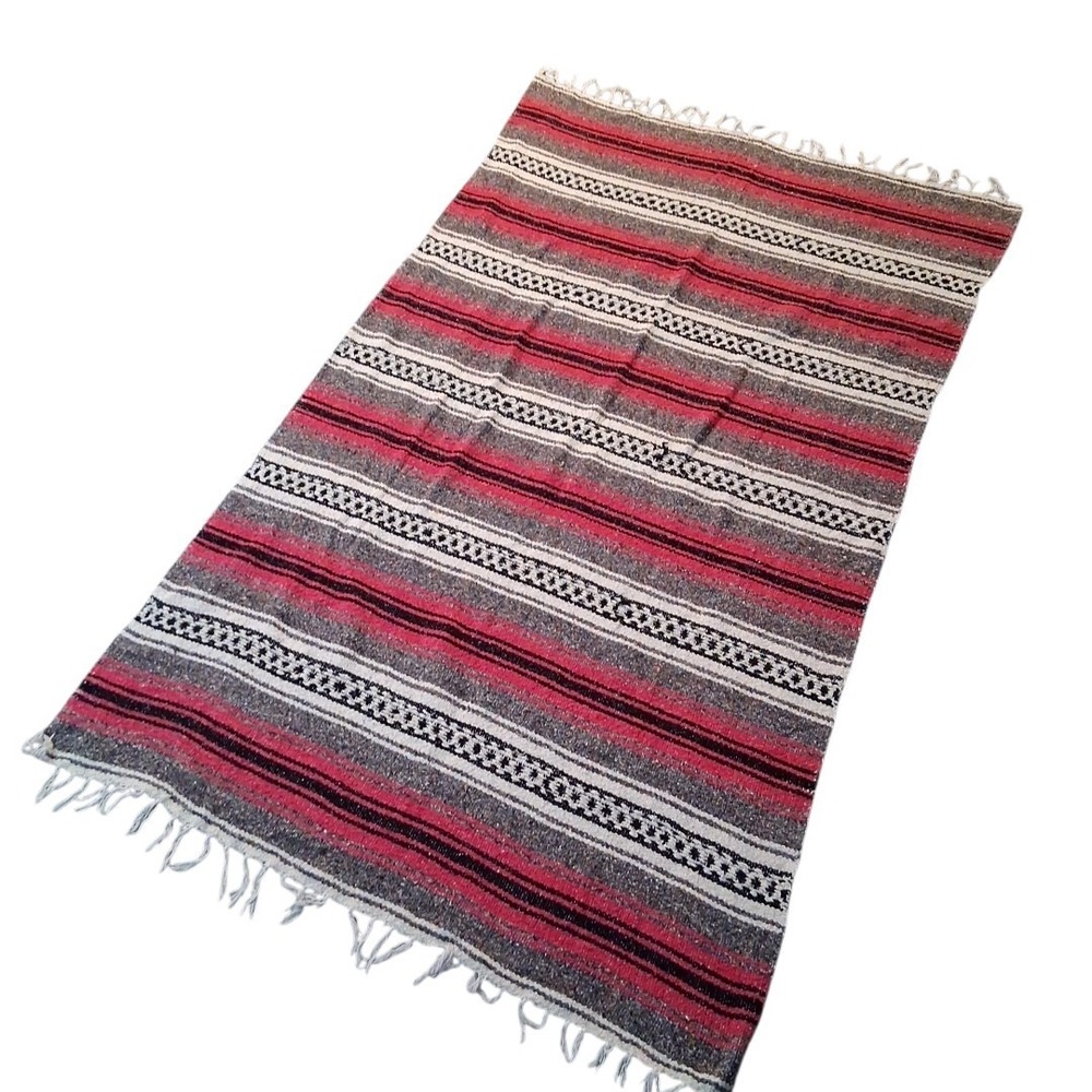 Vtg Mexican Serape Fringed Blanket Throw Pink Black White Gray Striped 69"x41"